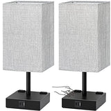 Bedside Table Lamps Set of 2 - Touch Nightstand Lamp for Bedroom with USB C+A Charging Ports & AC Outlets, 3-Way Dimmable Desk Lamp Grey Fabric Shade for Bedroom Living Room, Office(Bulb Included)