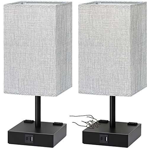 Bedside Table Lamps Set of 2 - Touch Nightstand Lamp for Bedroom with USB C+A Charging Ports & AC Outlets, 3-Way Dimmable Desk Lamp Grey Fabric Shade for Bedroom Living Room, Office(Bulb Included)