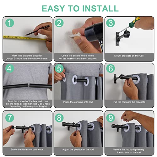 Matte Black Curtain Rods for Windows 48 to 86 Inch, 1-Inch Adjustable Drapery Rods with Aluminum End Cap and Brackets for Room Divider, Bedroom, Living room, Kitchen, Bathroom Etc