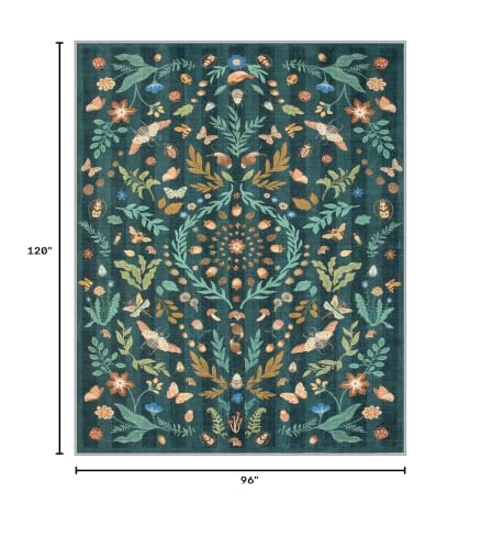 Lahome Washable Insect Botanical 8x10 Area Rugs for Living Room - Machine Washable Non-Slip Dark Green Nursery Rug, Boho Low Profile Soft Faux Wool Carpet for Bedroom Laundry Playroom Dining Room