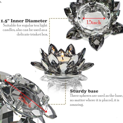 Lotus Black Crystal Tea Candle Holder Crystal Wishing Tealight Candlestick Stand Exquisite Desktop Decoration Holiday Celebration Wedding Restaurant Party Atmosphere Decoration (4 Pcs, Dark Grey)