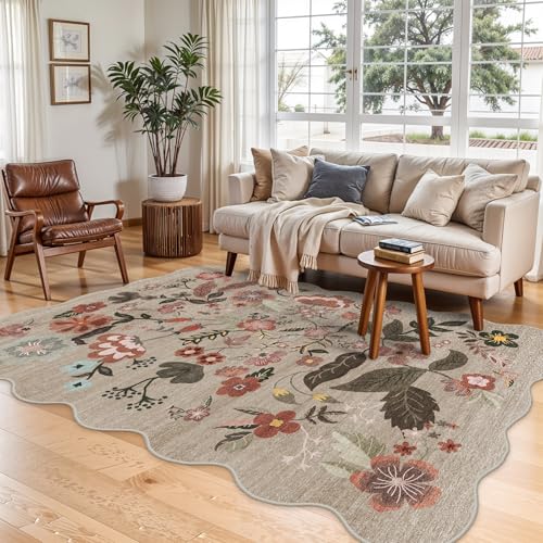 5x7 Area Rugs for Living Room: Floral Scalloped Washable Bedroom Rug Brown