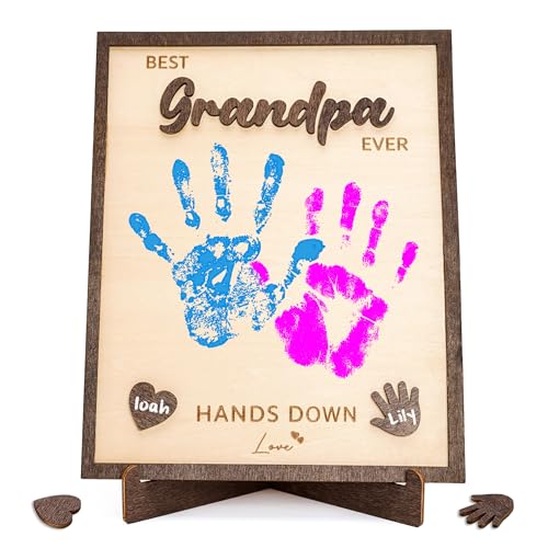 Best Grandpa Ever Gifts - Personalized Wooden Handprint Plaque, DIY Keepsake Craft Kit from Grandkids, Meaningful Family Decor to Capture Precious Memories, Unique Birthday Christmas Gift for Grandpa