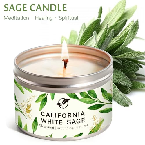 Sage Candles for Cleansing, Pure White Sage Candle 6 OZ- 35 Hour Burn Time, Aromatherapy Candle for Cleansing House Negative Energy Smudge Kit, Spiritual Meditation Housewarming Gifts