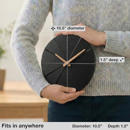 Driini Staircase Modern Wall Clock - Unique Frameless Concrete Design - Contemporary, Minimalist Decor; No Numbers - Silent Battery Operated Clocks with Decorative Wooden Hands (Black + Oak, 10.5″)