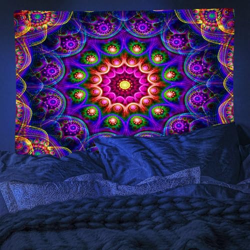 PSYHILAR Blacklight Trippy Mandala Tapestry, Boho Black Light Posters for Adults UV Reactive Room Decor for Bedroom Wall (60 x 50 Inches)