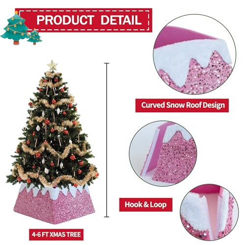Christmas Tree Collar, 24 Inch Xmas Tree Ring Fabric Square Skirt for Artificial Trees, Snow Cover and Sequin Christmastree Box Collar,Holiday Christmas Home Decor for Decorations (HOT Pink)