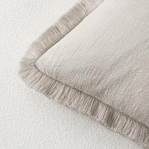 MIULEE Decorative Throw Pillow Covers Neutral Linen Fringe Throw Pillows Set of 2 Natural Beige Boho Farmhouse Cushion Covers with Tassels for Couch Sofa Bed Spring Home Decor 20x20 Inch