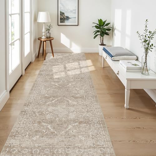 4x10 Washable Hallway Runner Rug: Vintage Wide Low Pile Rugs NaturalBeige