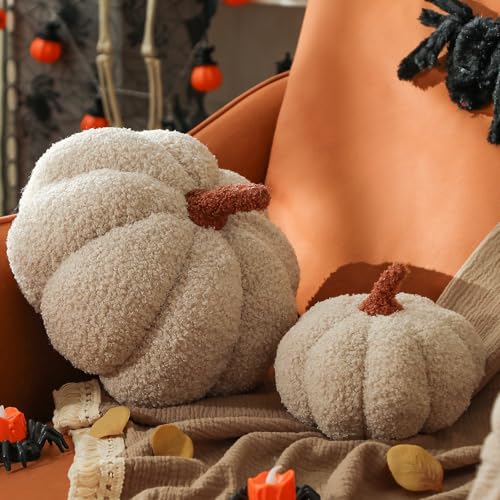 YRXRUS Pumpkin Pillows, Thanksgiving Pumpkin Pillow Set of 2, Off White Throw Pillows Fall Room Decoration, Teddy Fleece 6x12&4x7 Inches Accent Cushion Gifts for Holiday