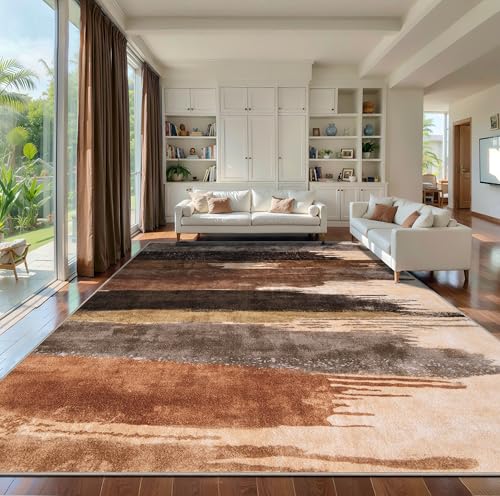 10x14 Area Rug Living Room Rug, Modern Abstract Washable Soft Brown