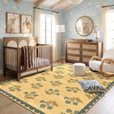 Floral 5x8 Living Room Rug, Blue Brown Scalloped Bedroom Area Rug