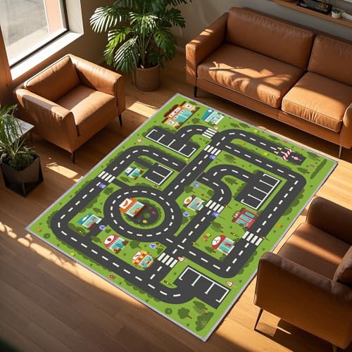 Road Rug for Kids, 2'7" x 3'11", Toy Car Play Rug Mat Carpet with Construction Town Style in Playroom Children Bedroom, Educational City Rugs for Boys Aged 3-12 Years Old