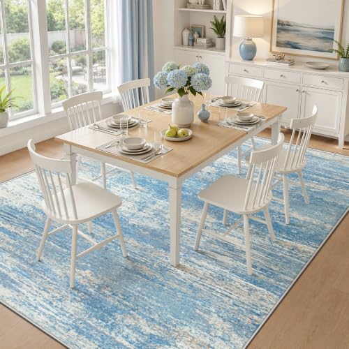 Washable Rug 6x9 Area Rugs for Living Room: Neutral Soft Rug Abstract Non Slip Low Pile Modern Carpet for Bedroom Kitchen Nursery Office Dining Room Indoor (Lightblue, 6'x9')