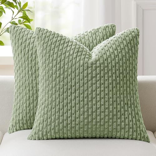 Kevin Textile 2 Packs Spring Decorative Throw Pillow Covers 18x18 Inch for Living Room Couch Bed Spring Sofa Soft Striped Corduroy Square Cushion Case 45x45 cm Farmhouse Boho Home Decor Sage Green