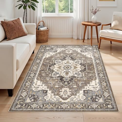 4x6 Area Rug for Living Room - Machine Washable Rugs with Non-Slip Backing Large Bedroom Carpet Distressed Oriental Non-Slip Non-Shedding Soft Thin Floor Mat for Dining Room Playroom(Beige,4x6)