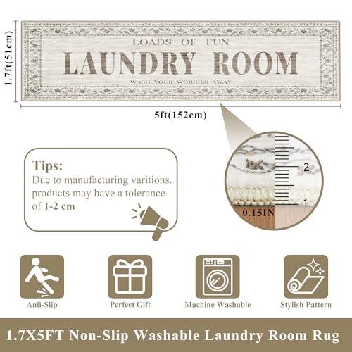 20"x60" Non-Slip Laundry Room Rug: Stain and Water Resistant Washable Laundry Mat - Durable Light-Weight Runner Farmhouse Home Decor - Soft Low-Pile Carpet for Laundry Bathroom Washroom 20"x60" Beige