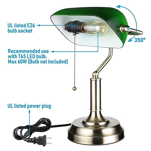TORCHSTAR Green Glass Bankers Desk Lamp with Pull Chain, E26 Base | Brass Finish Base, Antique Traditional Library Lamp for Office Study Room, Bulbs not Included