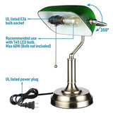 TORCHSTAR Green Glass Bankers Desk Lamp with Pull Chain, E26 Base | Brass Finish Base, Antique Traditional Library Lamp for Office Study Room, Bulbs not Included