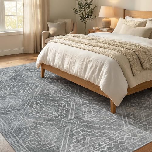 jinchan 8x10 Moroccan Geometric Washable Living Room Area Rug, Dark Grey