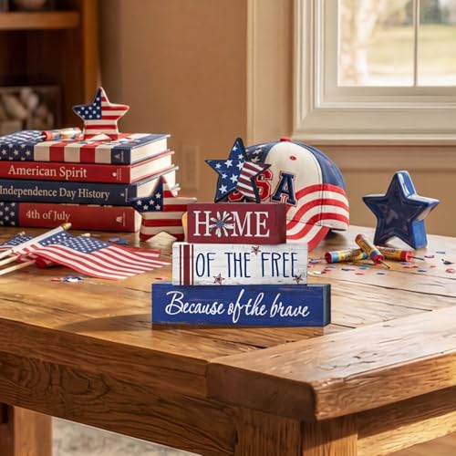 Smile Veterans Day Patriotic 4th of July Indoor Wooden Decor, Home of Free Tiered Tray Farmho – lifestyle view