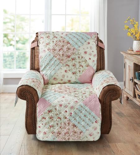 Brilliant Sunshine Pink and Green Roses Couch Recliner Cover, Patchwork Design, Sofa Cover for Dogs, Slip Resistant Furniture Protector with Strap, Washable Slipcover for Kids and Pets (28" seat)