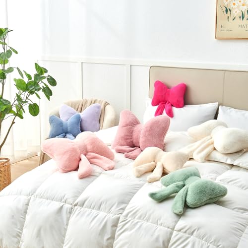 Pink Bow Pillow,12'' Bow Shaped Pillow with Faux Rabbit Fur,Soft Bow Throw Pillows Aesthetic Bow Decorative Pillows for Bed Sofa Couch Home Decor
