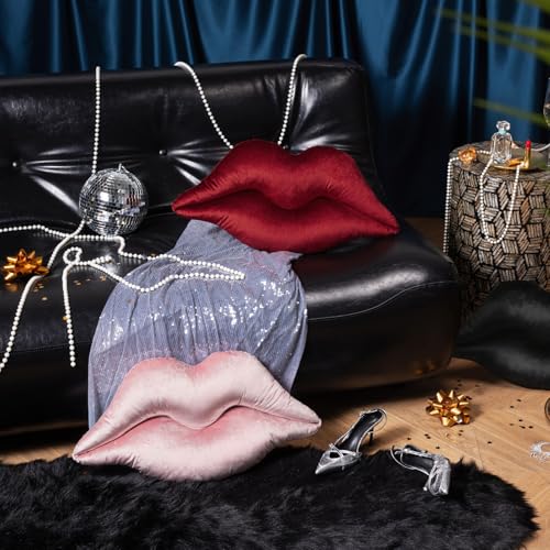 Ashler Upgraded Glossy Velvet Lip Shape Throw Pillow, Delicately Soft, Glossy Shimmering and Brilliant with Velvet Backing for Sofa, Bed and Living Room, Red, 24 X 12 Inches