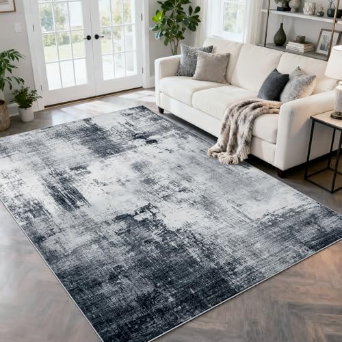 Area Rug 5x7 Living Room Rugs, Modern Abstract Washable Rug,Non-Slip Stain Resistant Carpet for Entryway Bedroom Dining Room Farmhouse Nursery Home Office-Abstract Blue Gray