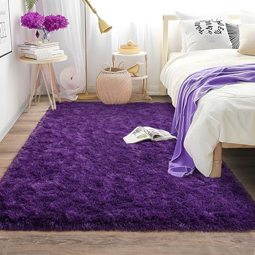Soft Shag Rugs for Bedroom, 4x6 Purple Fluffy Shaggy Rugs for Living Room Nursery, Luxury Modern Plush Carpet Girls Boys Kids Room Dorm Indoor Home Decor, Upgrade Non-Slip