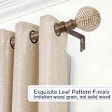 Wood Curtain Rods for Windows: 1 Inch Diameter Adjustable Drapery Rods 72" to 144", Heavy Duty Window Rod with Imitation Wood Grain Leaf Pattern Finials