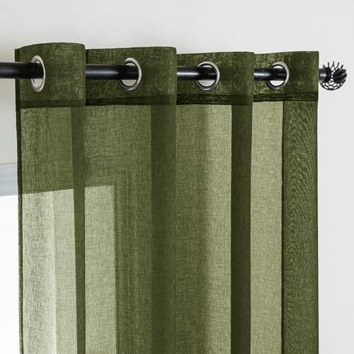 MIULEE 2 Panels Olive Green Semi Sheer Window Curtains Elegant Grommet Top Window Voile Drapes/Treatment Linen Textured Dark Green Panels for Bedroom Living Room (54X84 Inches)