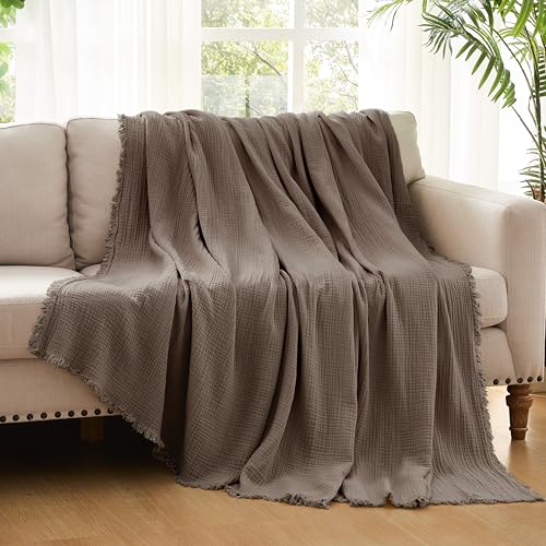 WDCOZY 100% Cotton Muslin Blanket King Size 4-Layer for Bed Breathable Lightweight Soft Large Boho Farmhouse Linen Tassels Ruffle Gauze Blankets 108x90 Inches Brown Mocha Chocolate Coffee Taupe