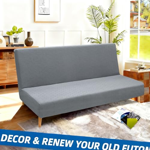 XINEAGE 2026 New Futon Cover Full Size Stretch Armless Sofa Bed Cover Anti-Slip Furniture Protector Without Armrests Futon Slipcover with Elastic Bottom (67"-82", Light Gray)