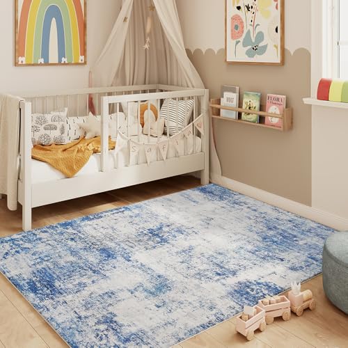 4x6 Blue Gray Washable Area Rug for Living Room, Vintage Print