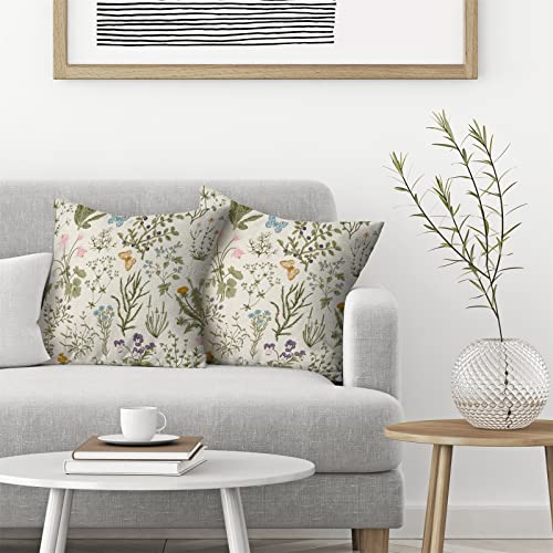 AEIOAE Spring Pillow Covers 18x18 Inch Set of 2,Sage Green Wild Flower Plant Throw Pillows Case,Seasonal Floral Outdoor Decorative Square Linen Farmhouse Decor Cushion Covers for Home Sofa Bed Couch