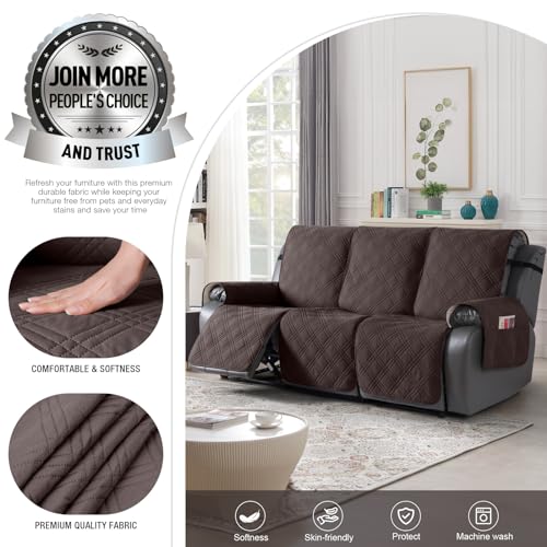 TAOCOCO 100% Waterproof Recliner Sofa Cover Non Slip Couch Cover for 3 Seat Reclining Sofa, Split Reclining Couch Covers 3-Piece with Straps, Washable Sofa Slipcover for Kids Pets(3 Seater, Chocolate)