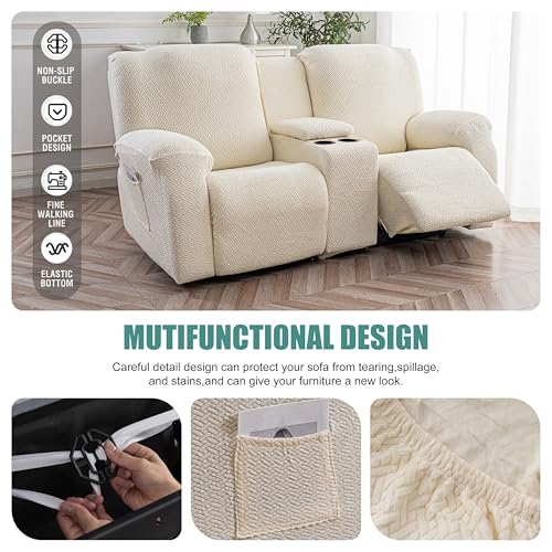 Genina Recliner Loveseat Covers with Console, Stretch Reclining Sofa Covers, 2 Seater Couch Cushion Stripe Jacquard Recliner Slipcovers - Furniture Protector Covers for Pet Kid (Beige)