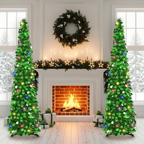 MACTING Pop Up Christmas Tree with 50 LED Lights 5FT Collapsible Tinsel Pencil Tree Easy-Assembly Coastal Glitter Artificial Tree for Porch Apartment Corner Home Party Indoor Xmas Decorations,Green