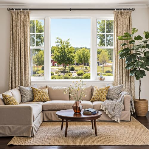 Curtain Rods for Windows 48-90 Inch(4-7.5Ft), Matte Black Decorative Curtain Rod Adjustable, Heavy Duty 1 Inch Drapery Rod for Living Room Bedroom Kitchen