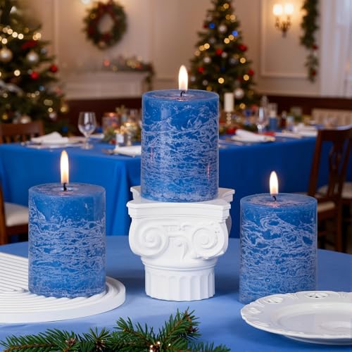 Layered Pillar Candles Set of 3, 3"x 4" Table Decor Ice Mist-Blue