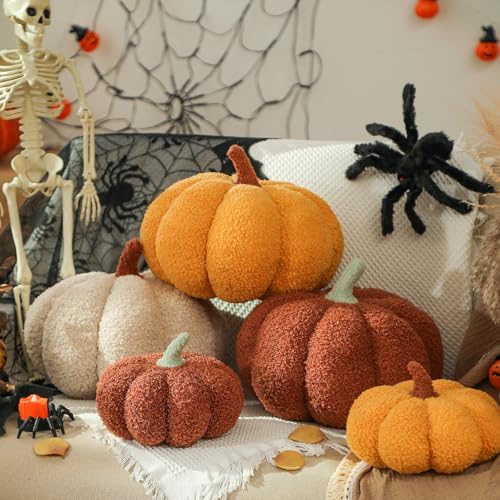 YRXRUS Pumpkin Pillows, Thanksgiving Pumpkin Pillow Set of 2, Off White Throw Pillows Fall Room Decoration, Teddy Fleece 6x12&4x7 Inches Accent Cushion Gifts for Holiday