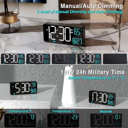 KOSUMOSU Alarm Clocks for Living Room, 6.7in Small Digital Clock for Bedroom, Auto Dimming,Date,Day of Week,Seconds or Indoor Temperature,Digital Alarm Clocks for Bedrooms,LED Desk Clock