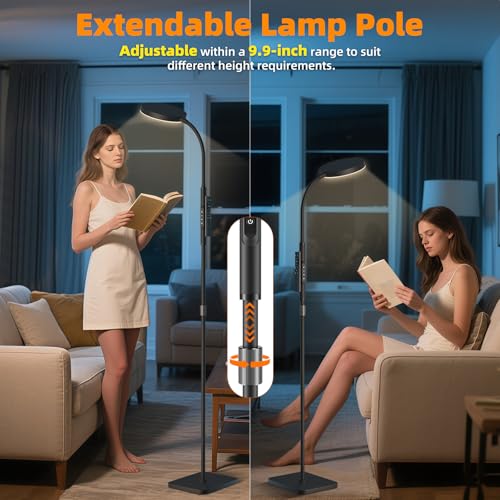 Floor Lamp, Adjustable Height LED Standing Reading Lamp for Living Room & Bedroom, Super Bright, Eye-Caring Stepless Dimmable Modern Tall Lamp for Office Craft with Gooseneck & Remote, Black