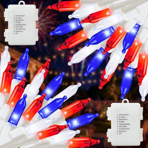 Couah 2 Pack 100 LED 38.4FT Red White and Blue Lights Battery Operated, Patriotic 4th of July Lights 8 Modes-Timer Indoor Outdoor Party Patriotic Memorial Day Independence 4th of July Decorations