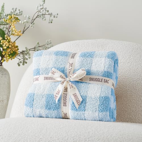 Snuggle Sac Buffalo Plaid Bedding Blanket Twin Size, Super Soft, Cozy Warm Knit Decorative Blankets, Reversible Plaid Fluffy Throws for Bed, Plaid Light Blue, 60x80 Inches