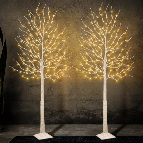 2Pack Lighted Birch Tree with 144 Warm White Lights, 8 Modes Prelit White Artificial Christmas Trees with Timer for Holiday Indoor Outdoor Decor Garden Wedding Party Bedroom Decoration