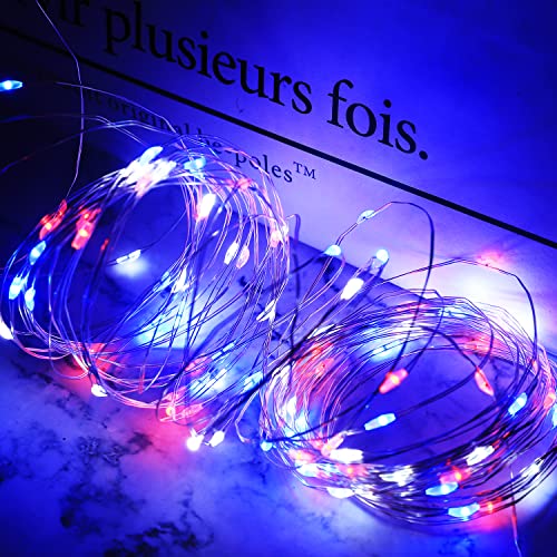 Curyidy 4th of July Decorations Lights, Red White Blue Fairy Lights 2 Pack 100LED String Lights Remote Control Patriotic Lights for Independence Memorial Day Decorations