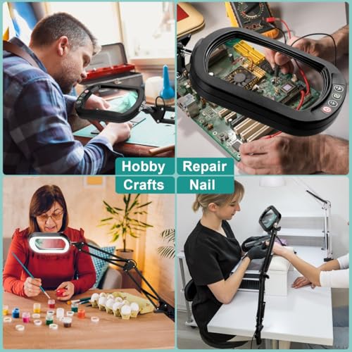 12X Magnifying Glass with Light, Rectangle Real Glass, 5 Color Modes Stepless Dimmable Magnifier with Stand, LED Lighted Clamp Desk Lamp with Swing Arm, Hands Free for Reading Crafts Close Work