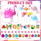 Seenelling 65 Pcs Summer Christmas Tree Ornaments July Christmas Tree Topper Pink Flamingo Wooden Hanging Decoration Ribbon and Faux Flowers for Xmas Luau Tropical Party Beach Decor Supplies Holiday
